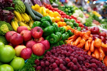 Vibrant display of fresh fruits and vegetables at a bustling market in the late morning
