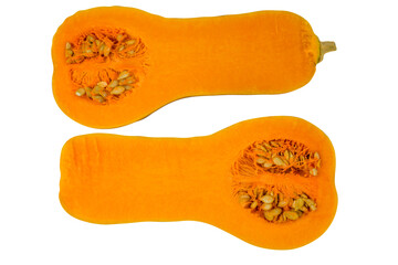 Fresh butternut squash cut in half showing bright orange flesh and seeds, isolated on white background for healthy food or cooking concepts.
