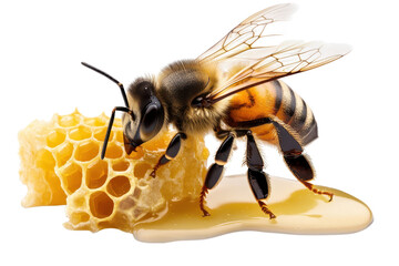 Diligent bee collects nectar and crafts honey while perched on a honeycomb under warm sunlight during a busy afternoon