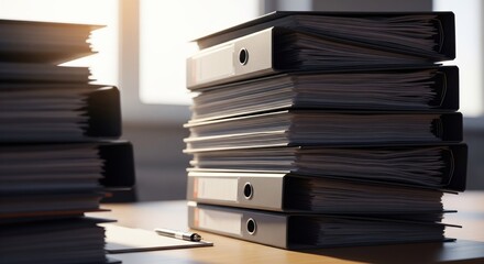 High stack of file folders overflowing with documents