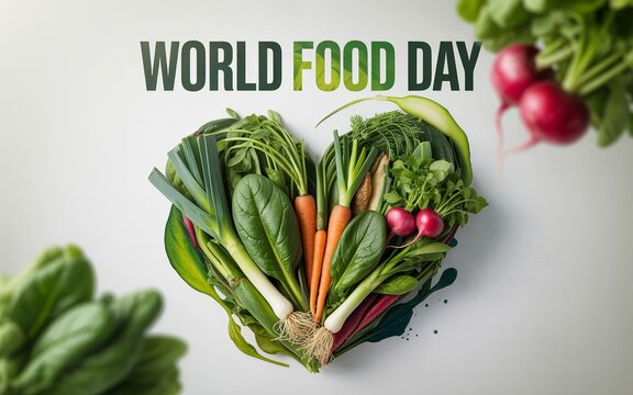 World Food Day, Spinach, carrots, leek, and radish frame central themed typography. - Powered by Adobe