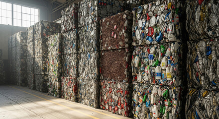 Bales of Compressed Mixed Recyclables in a Warehouse