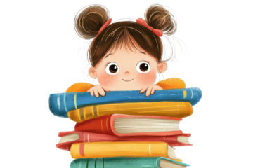 Cute girl excitement for back to school with a pile of colorful books and bright smiles in a cheerful learning environment