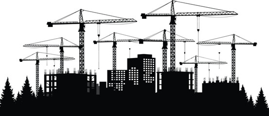 Black silhouette illustration of urban construction site, tower cranes and scaffolding buildings, vector industrial scene, white background, architectural development concept