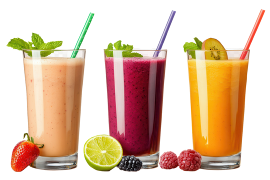 Colorful glasses of fresh smoothie with fruits on a transparent background capturing refreshing summer vibes in a bright setting