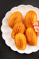 Madeleine cookies sweet dessert traditional french sweets tasty snack fresh delicious gourmet food background on the table rustic top view copy space