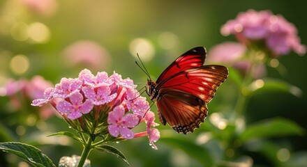 Naklejka premium Red butterfly on pink flowers in sunlight