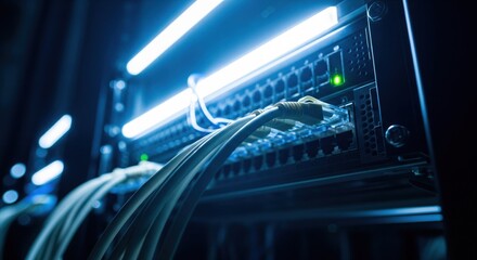 Server rack with network cables and switch.  Illuminated components in a data center environment
