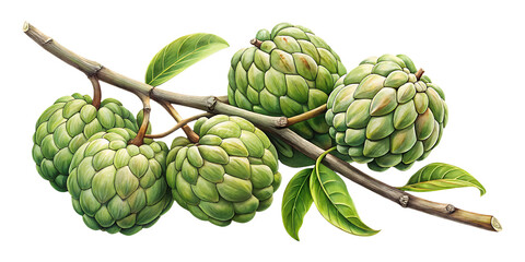 Fototapeta premium Ripe Sugar Apples on a Branch Displaying Their Textured Green Skin