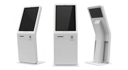 Modern interactive digital kiosks with touchscreen displays isolated on transparent background