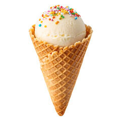 A vanilla ice cream cone with colorful sprinkles against a black background in a studio shot