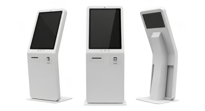 Modern interactive digital kiosks with touchscreen displays isolated on transparent background