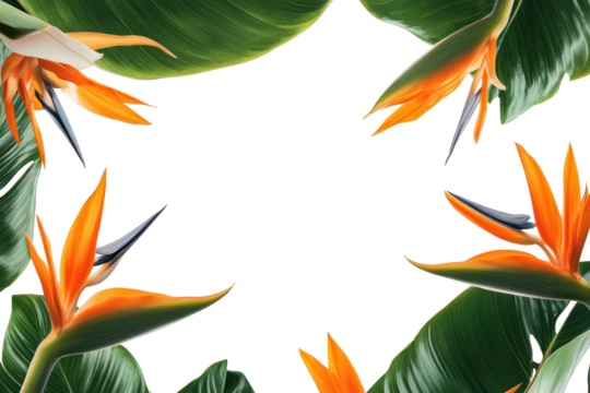 Bright xotic bird of paradise blooms create a vibrant frame with lush green leaves in a fresh, clean setting showcasing tropical beauty