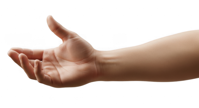 Human hand open palm gesture isolated on transparent background with clean and simple look
