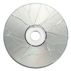 A shattered compact disc with multiple cracks radiating from the center on a black background image