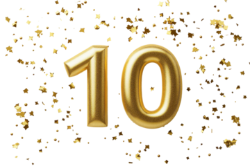 Celebrate ten years of success with golden decorations and festive confetti for a memorable anniversary party