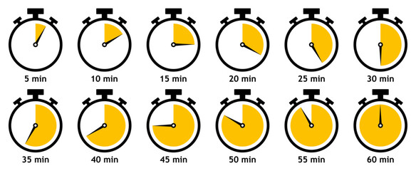 Collection of stopwatch icons showing countdown times from 5 to 60 minutes with yellow segments. Vector illustration.