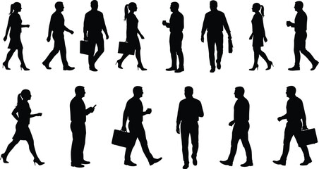 Business people silhouettes, walking poses, standing figures, urban lifestyle, black illustration, professional attire, vector graphic, isolated PNG, gesture icons