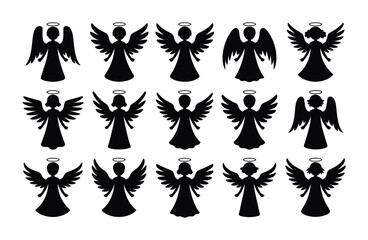 Fototapeta premium Angel silhouette pattern vector set with wings halo and trumpet festive design