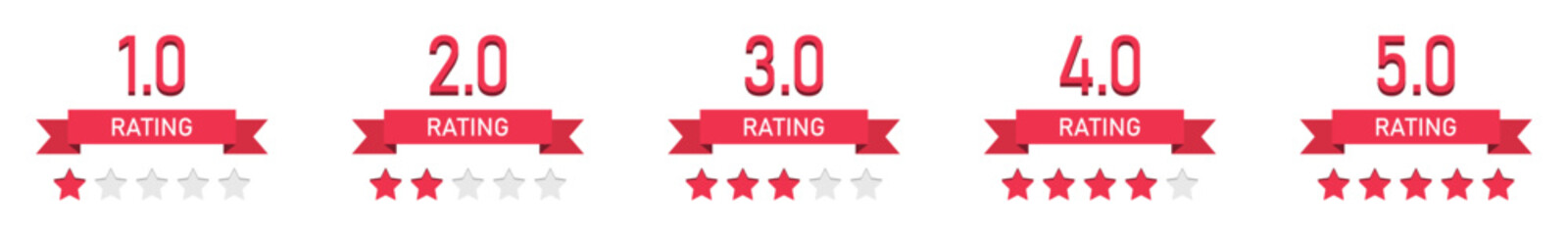 Set of 1 to 5 star rating badges with numbers and ribbon design for review, feedback, and ranking icons. Isolated vector illustration. Flat style.