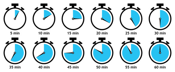 Collection of stopwatch icons showing countdown times from 5 to 60 minutes with blue segments. Vector illustration.