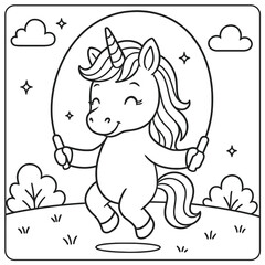 A cute unicorn jumping rope in a black and white illustration with clouds and grass