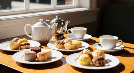 Fototapeta premium Afternoon tea spread with pastries and tea