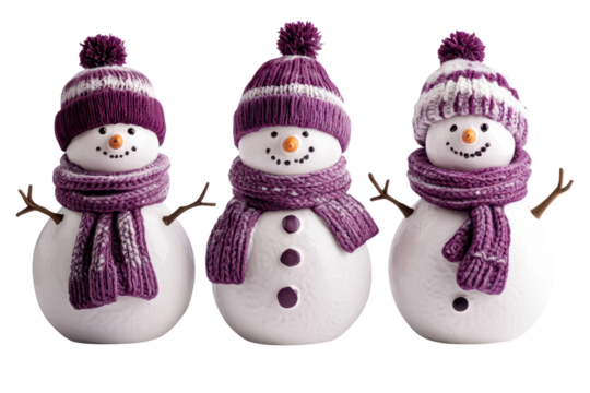 Cheerful snowmen wearing purple hats and scarves bring joy during winter celebrations in a snowy landscape adorned with festive decorations