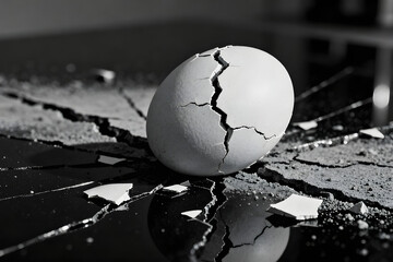 Cracked egg resting on a shattered surface with intricate patterns in a monochrome setting, evoking fragility
