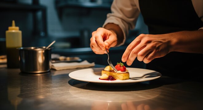 Chef carefully garnishing a dessert plate with fresh fruit