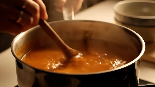 Woman stirring orange soup in metal pot with wooden spoon. Cooking hot food and lunch preparation at home footage.