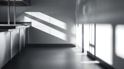 Obraz premium Sleek kitchen interior with sunlight casting bold shadows. Modern design meets natural light in this minimalist space. Functional and aesthetically pleasing.