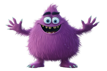 Fototapeta premium Cute purple monster smiling and waving with outstretched arms against a plain background, showcasing fluffy fur and cheerful expression