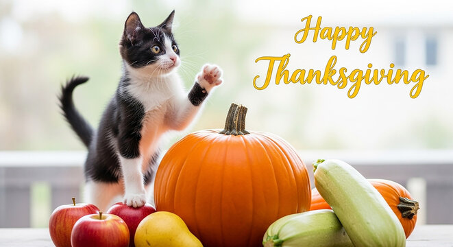 A cute cat sits among pumpkins, apples, and zucchini, wishing a happy thanksgiving
