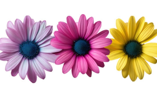 Vibrant daisies with colorful petals brightening a sunny garden in spring, showcasing pink, purple, and yellow hues in full bloom attracting bees and butterflies