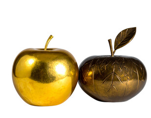 Modern and Classic Gold Apple Sculptures with Leaf Details, isolated on transparent background