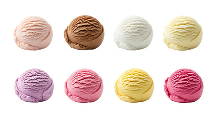 Eight scoops of assorted ice cream flavors, in a grid formation, isolated on white or transparent background, AI