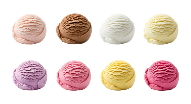 Eight scoops of assorted ice cream flavors, in a grid formation, isolated on white or transparent background, AI