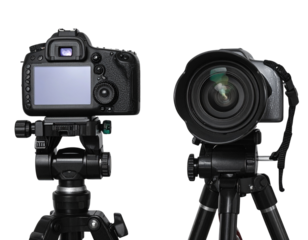 Pair of Professional Cameras on Tripods for Photography – isolated on transparent background