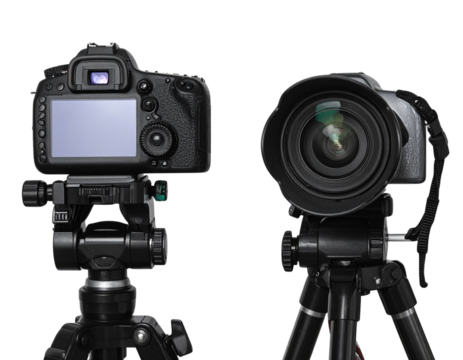 Pair of Professional Cameras on Tripods for Photography – isolated on transparent background - Powered by Adobe