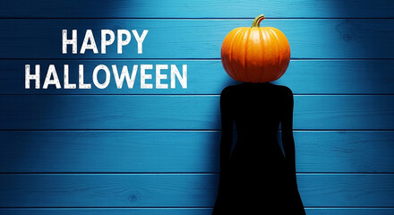 Happy halloween text with a pumpkin on a black figure against a blue wooden background, a spooky and festive holiday greeting