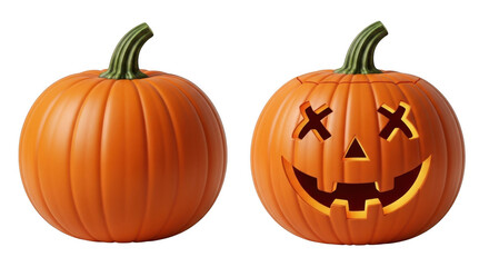Two pumpkins, one plain and one carved jackolantern, isolated on transparent background