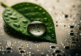 Water Droplets on Leaf Reflecting Circuit Board