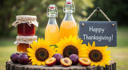 Happy thanksgiving sign with sunflowers, plums, and jars of jam, set on a rustic wooden stump outdoors, a warm and inviting harvest celebration