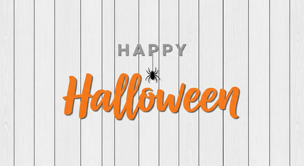 Happy halloween text with a spider hanging above the word halloween, set against a white wooden background, a simple and elegant holiday greeting