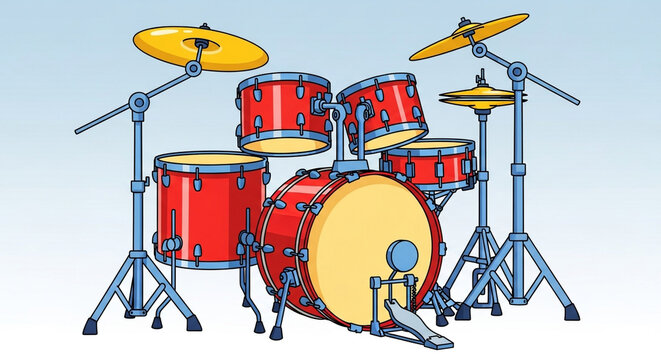 Cartoon drummer playing a red and yellow drum set with cymbals and stands.