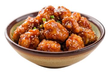 General Tso chicken in a deep bowl garnished with sesame seeds and green onions, served on a white background, perfect for a delicious meal at home or restaurant