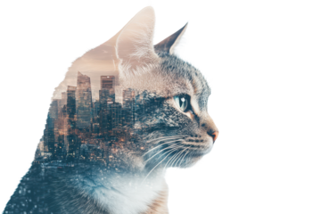 Cityscape cat profile combines urban vibes with tranquil feline spirit in a unique double exposure shot showcasing nature and architecture