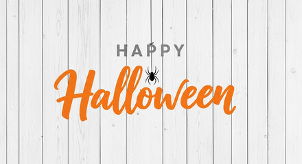 Happy halloween text with a spider graphic on a white wooden plank background, ideal for festive invitations and seasonal designs