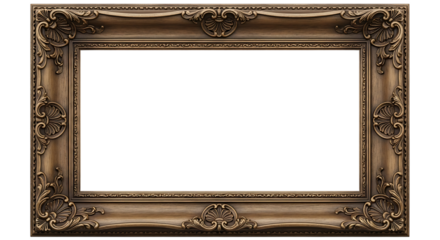Ornate antique gold picture frame, with carved floral and shell motifs, isolated on white or transparent background, AI
